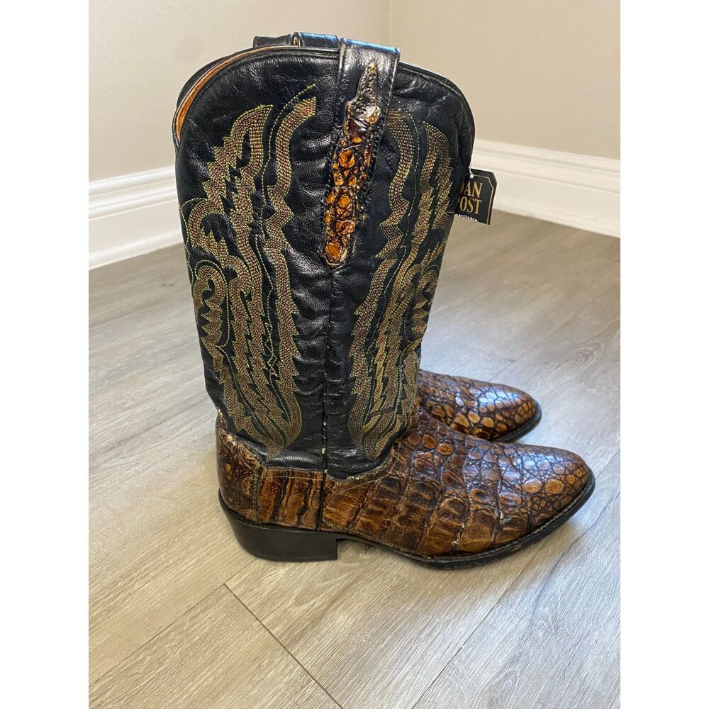 Rare Dan Post Everglades Caiman Flank Cowboy Boots Men 9 EW Brown Exotic Western
